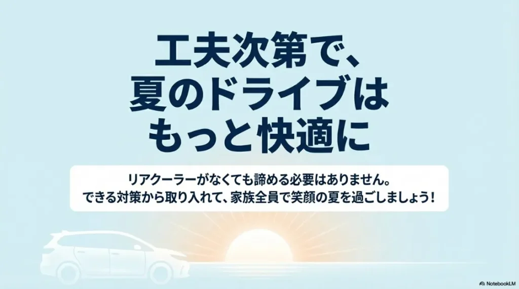 「工夫次第で、夏のドライブはもっと快適に」というメッセージで締めくくる結びのスライド。