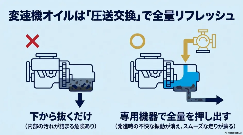 シエンタの変速機オイル（CVTフルード）を専用機器で圧送交換し、全量リフレッシュすることで不快な振動を防ぎスムーズな走りを蘇らせる説明スライド