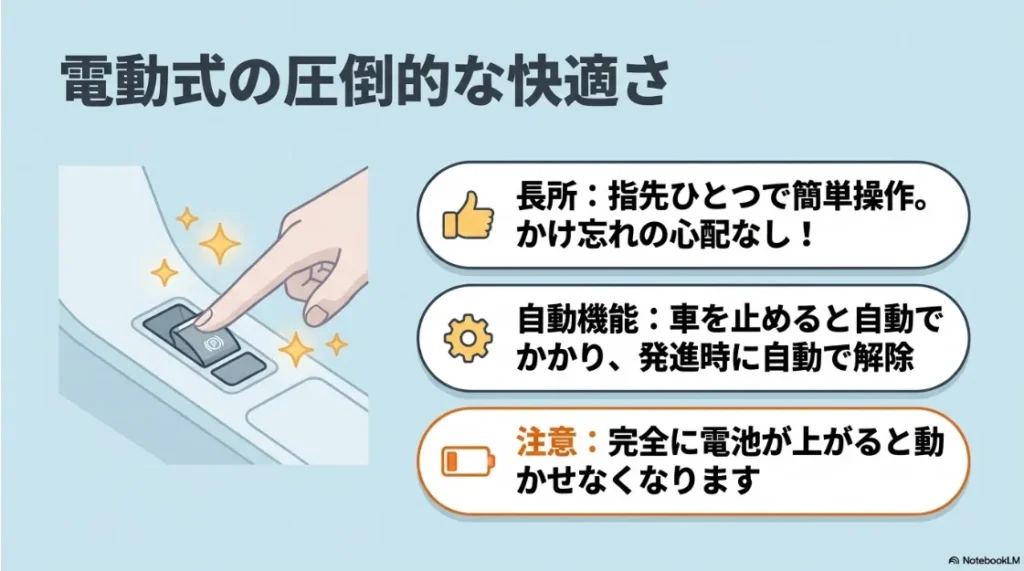 指先で操作できる電動式の快適さと、オートモードによるかけ忘れ防止機能の解説イラスト