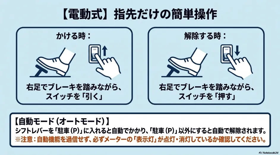 シエンタの電動パーキングブレーキをブレーキペダルを踏みながらスイッチで作動・解除する方法