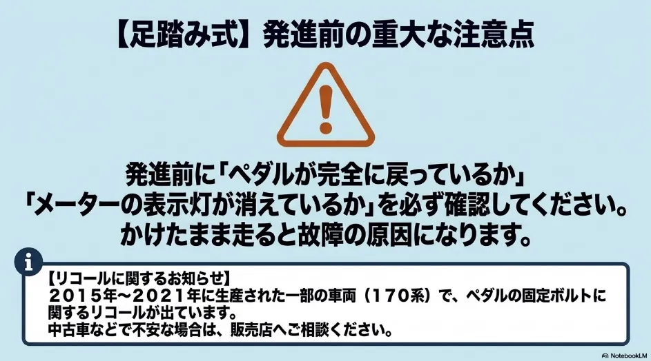 シエンタの足踏み式パーキングブレーキを解除した後の表示灯確認と170系の固定ボルトに関するリコール注意事項