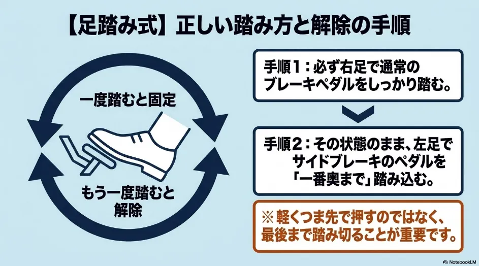 右足でブレーキペダルを踏みながら左足でパーキングブレーキペダルを奥まで踏み込むシエンタの足踏み式操作手順