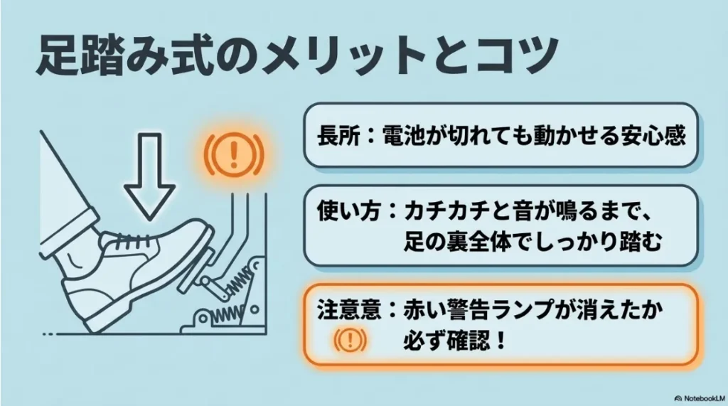 足踏み式ブレーキのメリットと、カチカチと音が鳴るまで踏み込む使い方の解説イラスト
