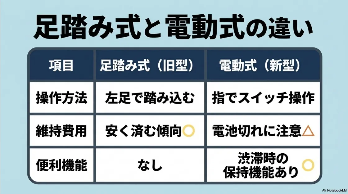 足踏み式と電動式の操作方法、維持費用、便利機能の違いをまとめた比較表