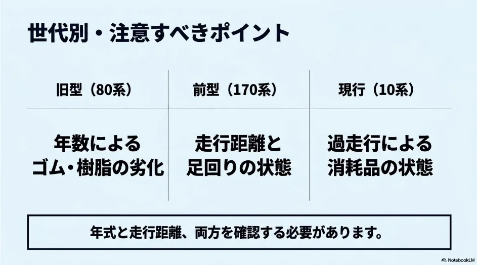 シエンタ80系、170系、10系で注意したい経年劣化や足回り、消耗品の違いを比較した画像