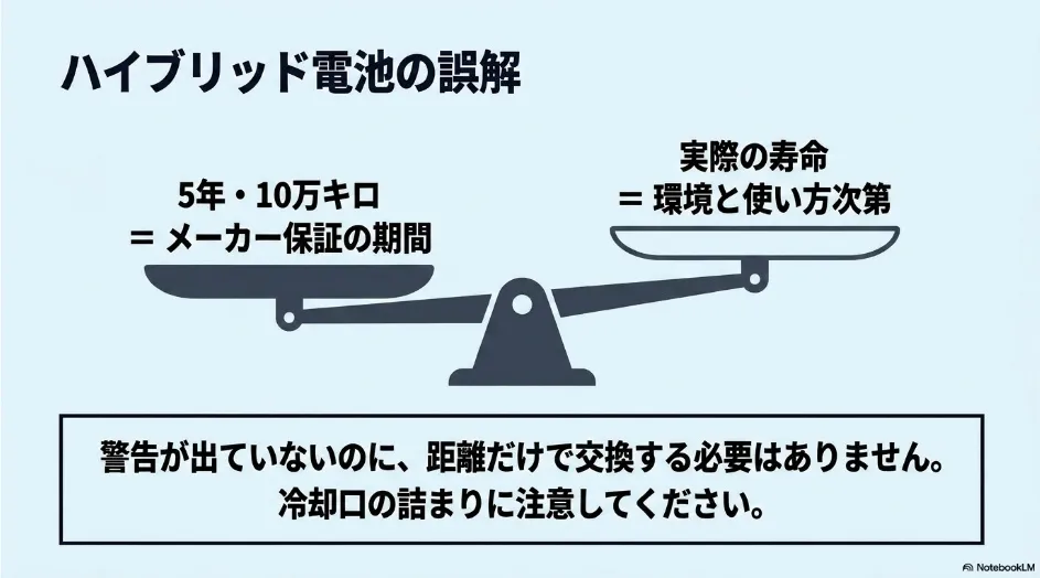 シエンタの駆動用ハイブリッドバッテリーは5年または10万kmの保証期間と実際の寿命が異なることを示す図
