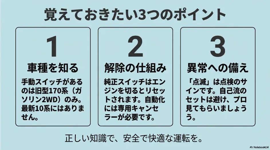 シエンタのアイドリングストップで覚えておきたい車種の違い、解除方法、異常時の対処をまとめた図