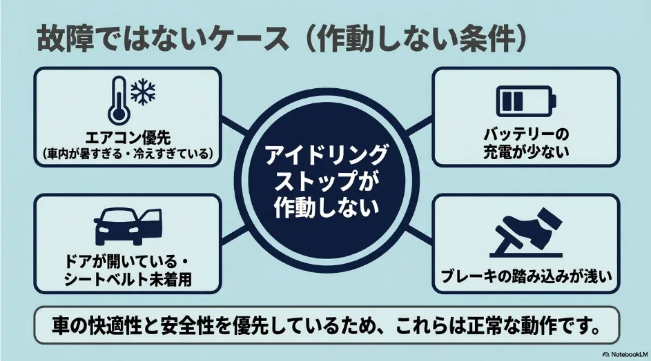 エアコンの負荷やバッテリーの充電量、ドアやシートベルト、ブレーキ操作によってアイドリングストップしない条件