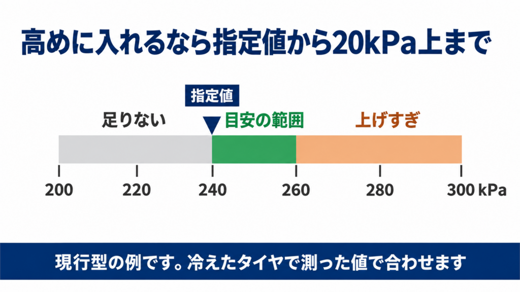 指定値240kPaから260kPaまでを目安の範囲として色分けした目盛りの図