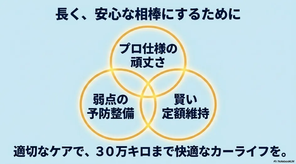 シエンタを長く安心な相棒にするためのまとめとして、プロ仕様の頑丈さ、弱点の予防整備、賢い定額維持の3点を振り返るスライド