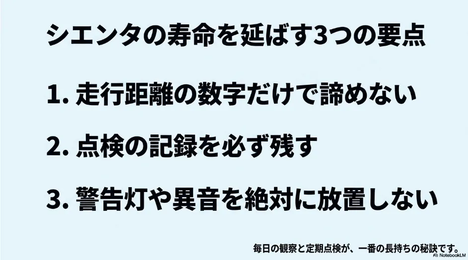 シエンタの寿命を延ばすために走行距離だけで判断せず、点検記録を残し、警告灯や異音を放置しないことを示す画像