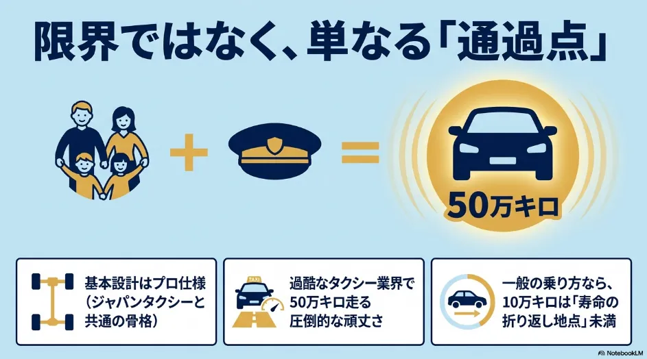 シエンタの10万キロ走行は寿命の限界ではなく単なる通過点であり、タクシー仕様の頑丈な基本設計により高い耐久性があることを説明するスライド