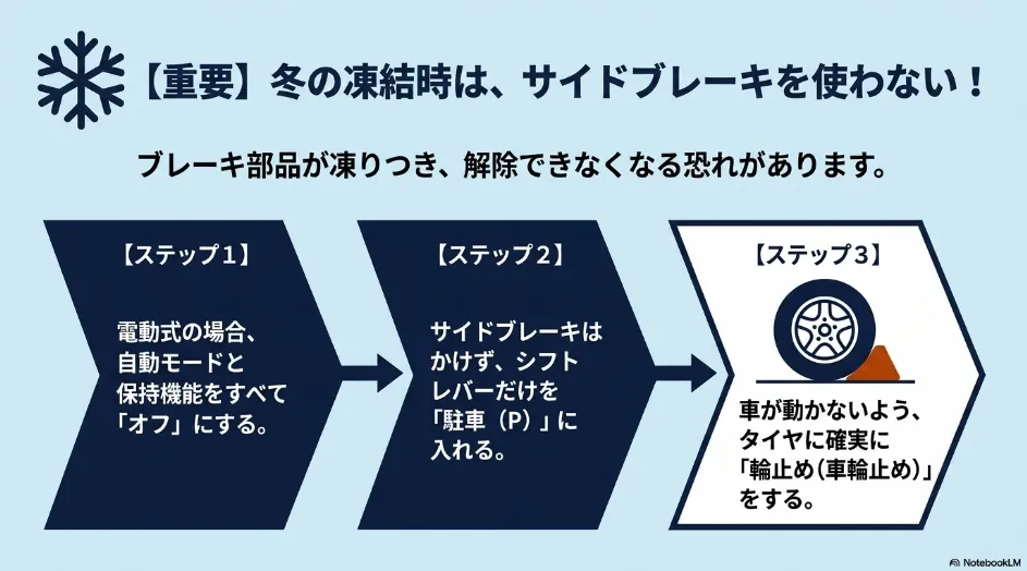 凍結のおそれがあるときにシエンタのパーキングブレーキを使用せずPレンジと輪止めで駐車する手順