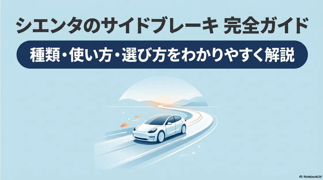 トヨタ・シエンタのサイドブレーキ完全ガイドのスライド表紙。種類、使い方、選び方の解説資料。
