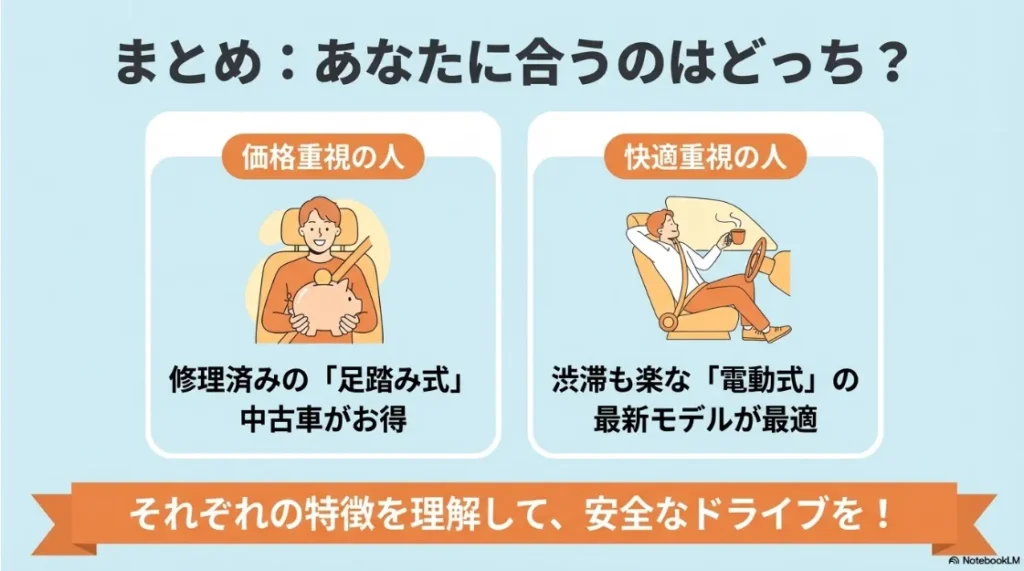 価格重視なら足踏み式の中古車、快適重視なら電動式の最新モデルがおすすめであることを示すまとめスライド