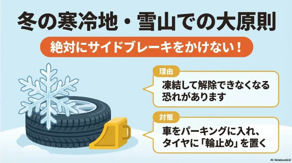 冬の寒冷地でブレーキ凍結を防ぐため、サイドブレーキをかけずに輪止めを使用する対策の解説