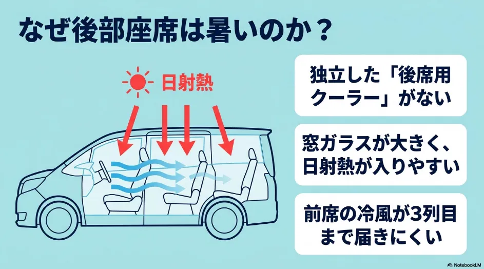 シエンタの後部座席が暑くなる3つの理由を示した図