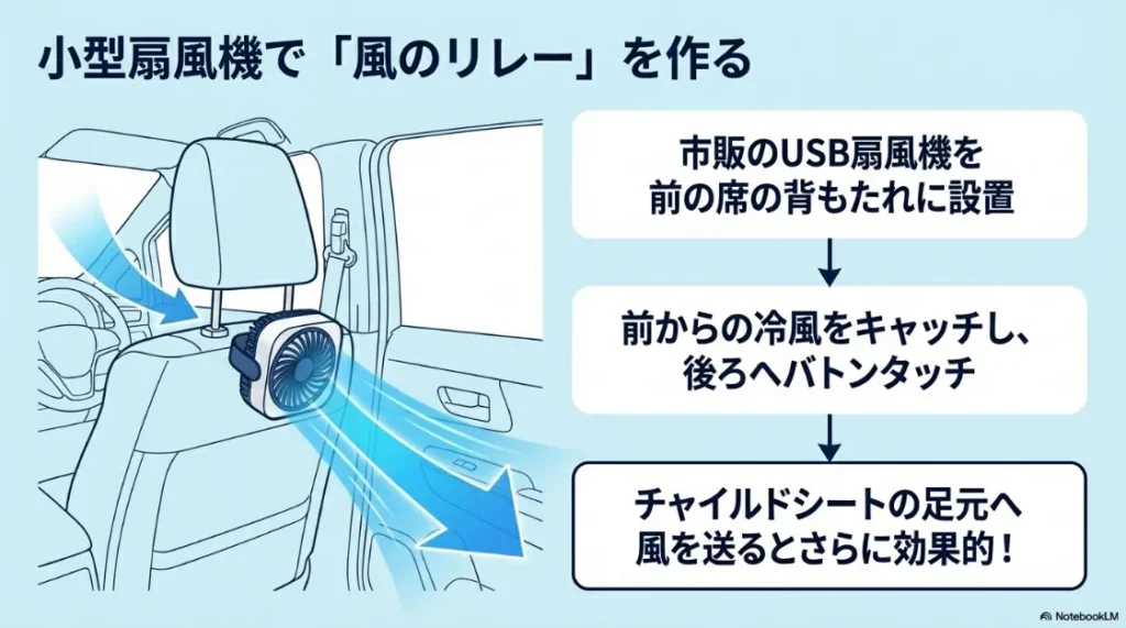 前席の背もたれに設置したUSB扇風機で、前の冷風をキャッチして後部座席へ届ける「風のリレー」のイメージ図。