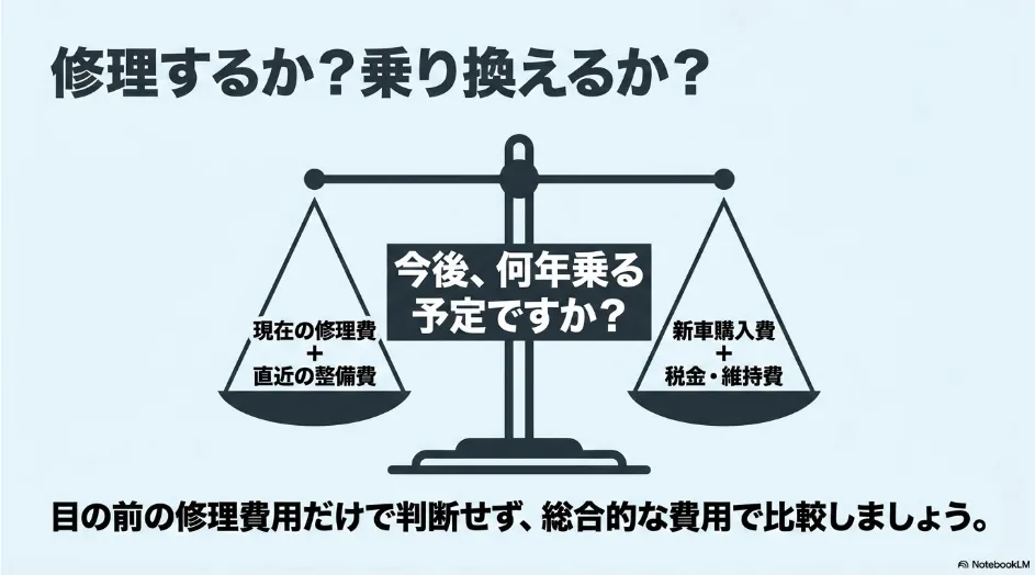 シエンタを修理して乗り続ける費用と、新しい車へ乗り換える総費用を比較する天秤の図