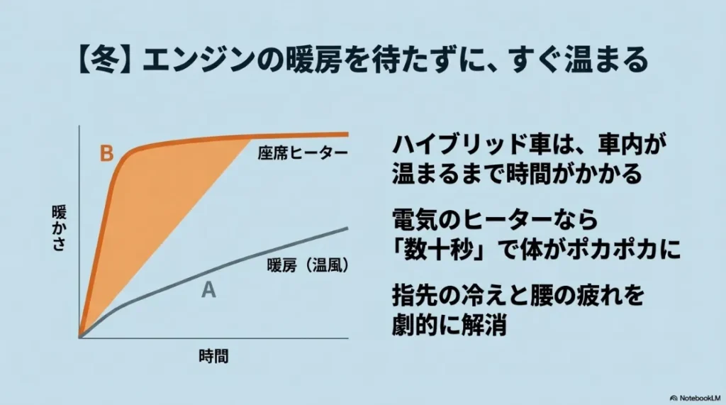 エンジンの暖房と電気式シートヒーターの暖まり方の速さを比較したグラフ。シートヒーターが数十秒で暖まることを示している。