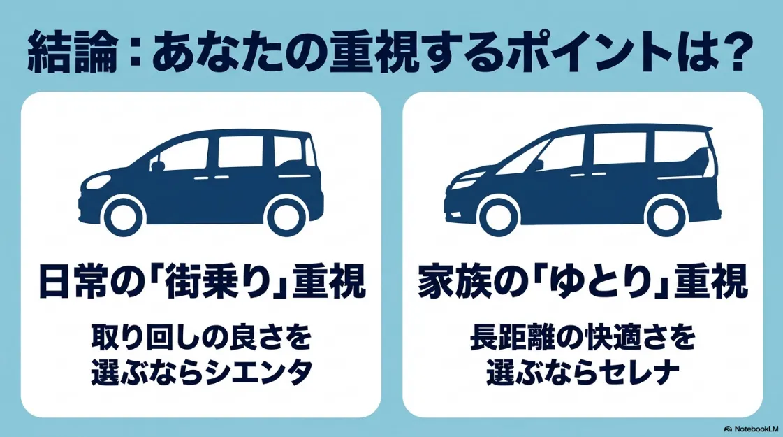 結論として、日常の街乗り・取り回し重視ならシエンタ、家族のゆとり・長距離の快適さ重視ならセレナを選ぶべきという比較図