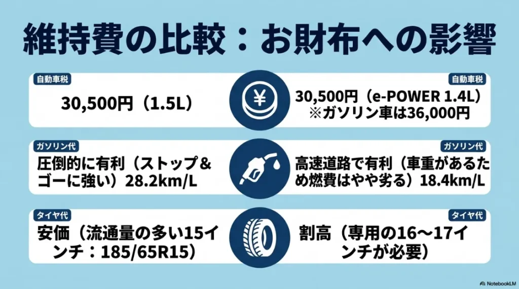 自動車税、ガソリン代、タイヤ代の比較。燃費はシエンタが$28.2km/L$で圧倒的に有利、セレナは高速走行で有利な$18.4km/L$   