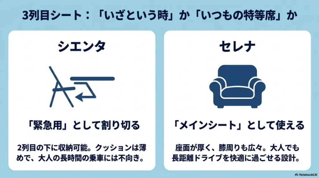 3列目シートの比較。シエンタは2列目下収納の「緊急用」、セレナは座面が厚く広々とした「特等席」としての設計