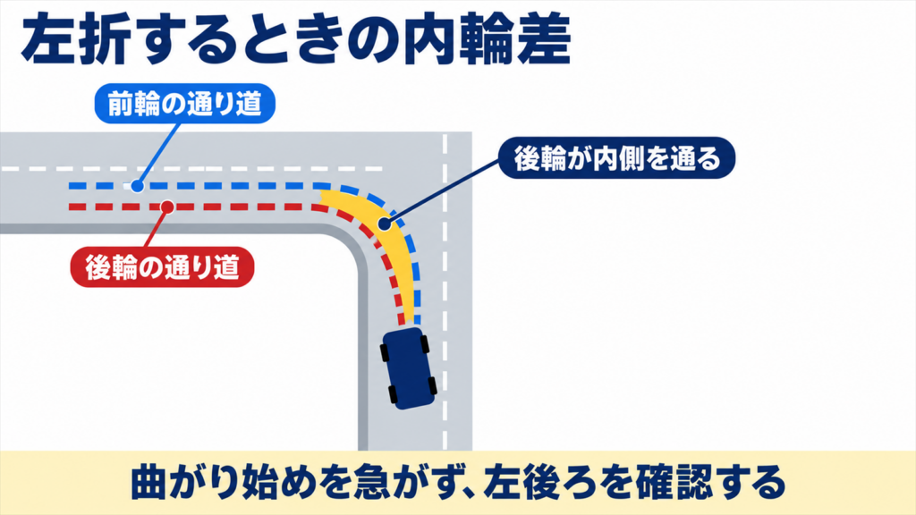左折するときに後輪が前輪より内側を通る内輪差を示した図