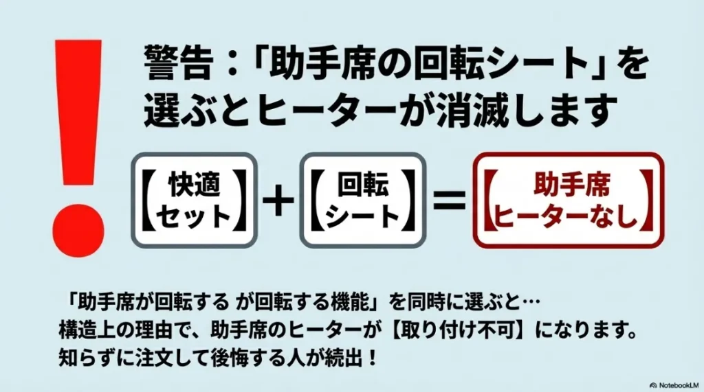 助手席回転シート（ターンチルトシート）を選択すると、構造上の理由でシートヒーターが装着不可になる注意点を説明する警告スライド。