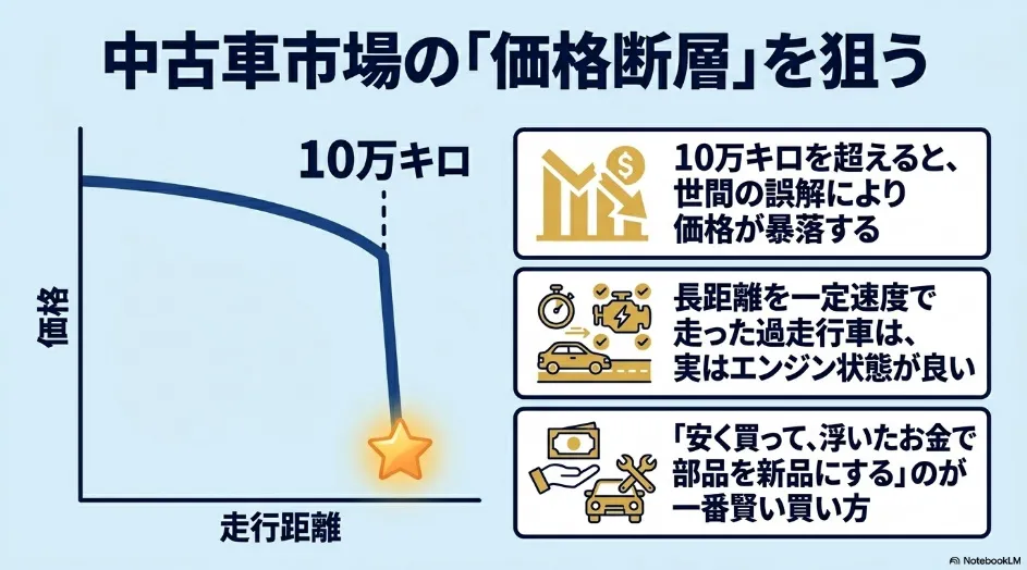 シエンタの中古車市場における10万キロの価格断層の仕組みと、過走行車を安く買って予防整備する賢い選び方を解説するスライド