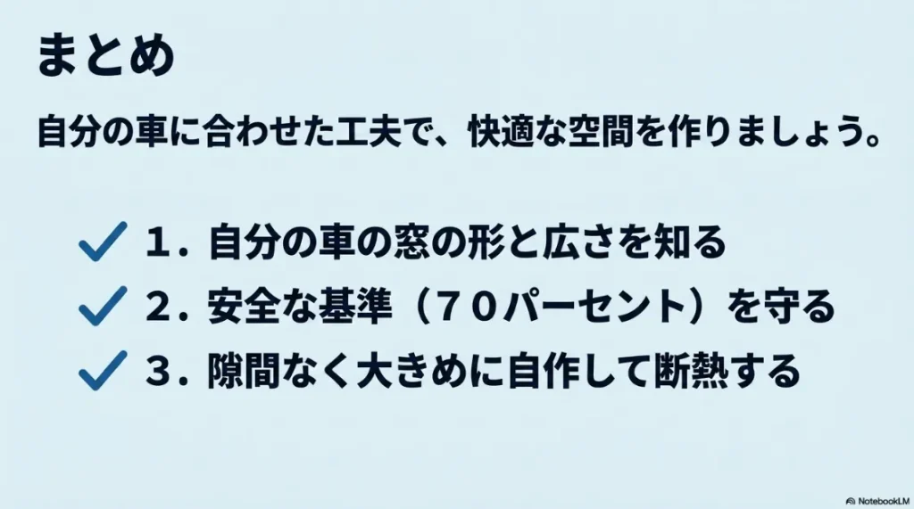 シエンタの窓対策まとめ。窓の形を知る、安全基準を守る、隙間なく大きめに自作して断熱するという3つのポイント。