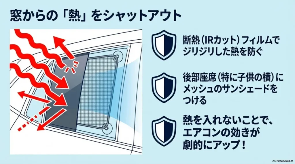 断熱フィルムやメッシュのサンシェードを使用して、窓からの熱をシャットアウトする暑さ対策のイメージ図。
