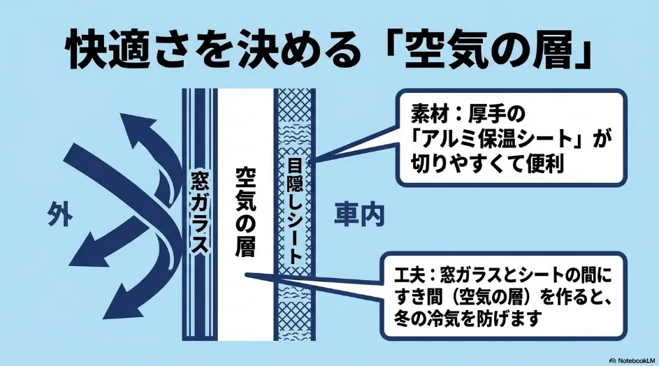 シエンタの窓ガラスとアルミ保温シートの間に空気層を作る冬の断熱方法