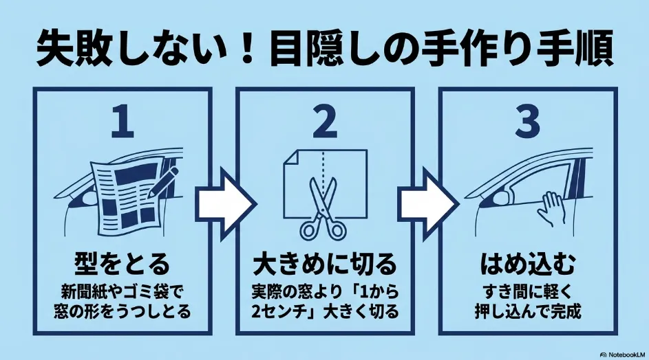 新聞紙などで型取りして1センチから2センチ大きめに切るシエンタ用目隠しの自作手順