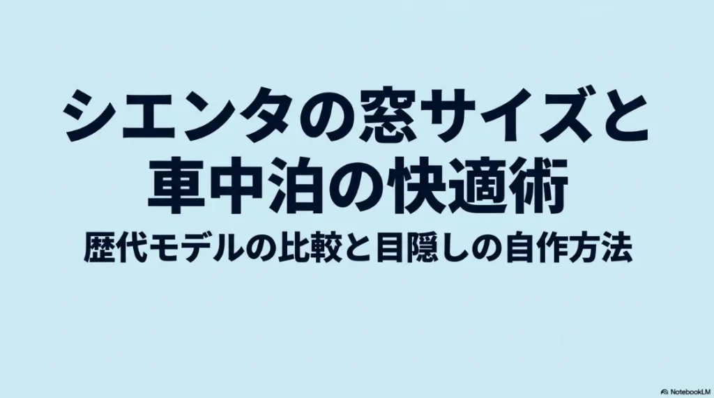 シエンタの窓サイズと車中泊の快適術。歴代モデルの比較と目隠しの自作方法についてのタイトルスライド。