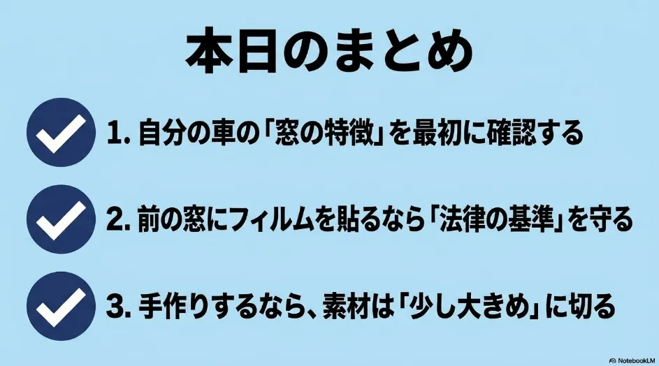 シエンタの窓の特徴確認とフィルムの法的基準と目隠し自作のポイントをまとめたスライド