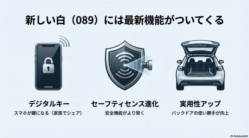 デジタルキーやセーフティセンスの進化、バックドアの使い勝手向上など、最新の089モデルに搭載された機能の紹介スライド
