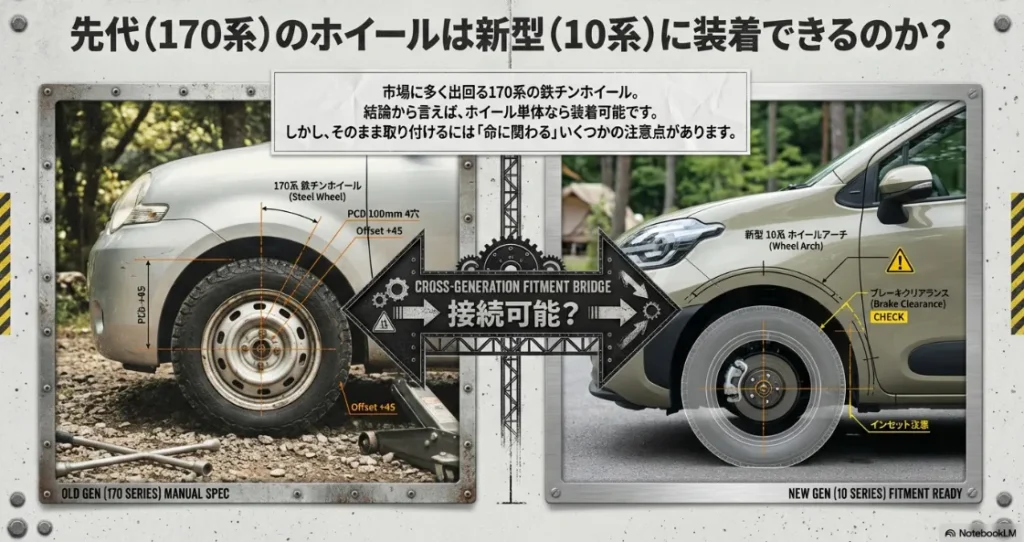 先代170系シエンタと現行10系シエンタのホイールアーチとブレーキクリアランスの適合確認図。