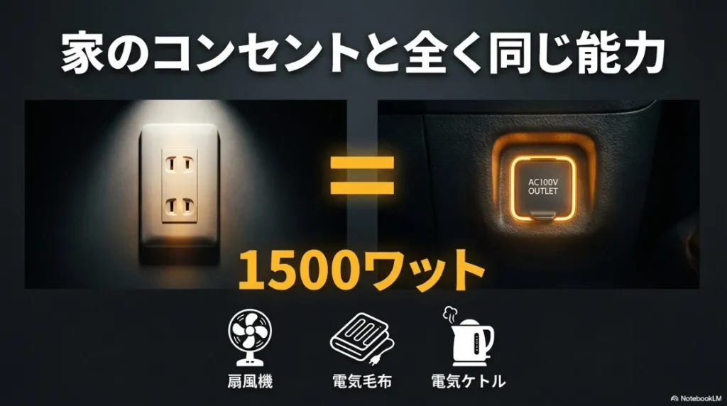 扇風機、電気毛布、電気ケトルなどが使用可能なAC100Vコンセント