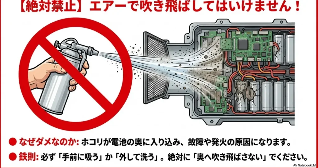 エアダスターなどでホコリを奥に吹き飛ばすと、電池の故障や発火の原因になることを示す禁止マーク付きのイラスト