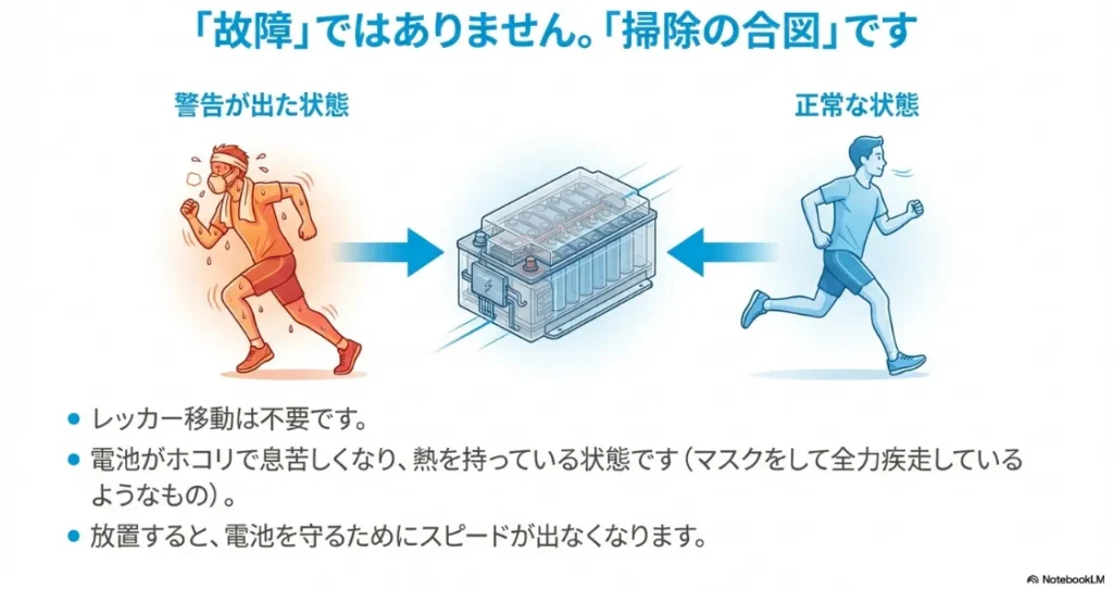 電池がホコリで詰まり熱を持っている状態(マスクをして走る人)と、冷却が正常な状態(軽快に走る人)の比較イラスト