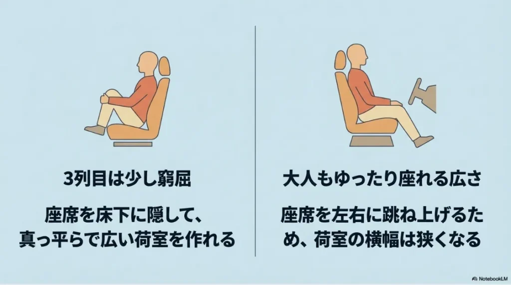 シエンタの床下収納によるフラットな荷室と、フリードの大人も座れる広い3列目シートを比較した図解スライド