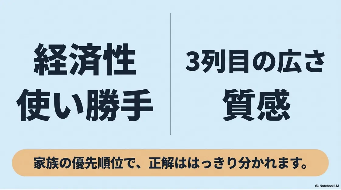 経済性、使い勝手、3列目の広さ、質感という比較の4つの柱と、家族の優先順位で正解が分かれることを示すスライド