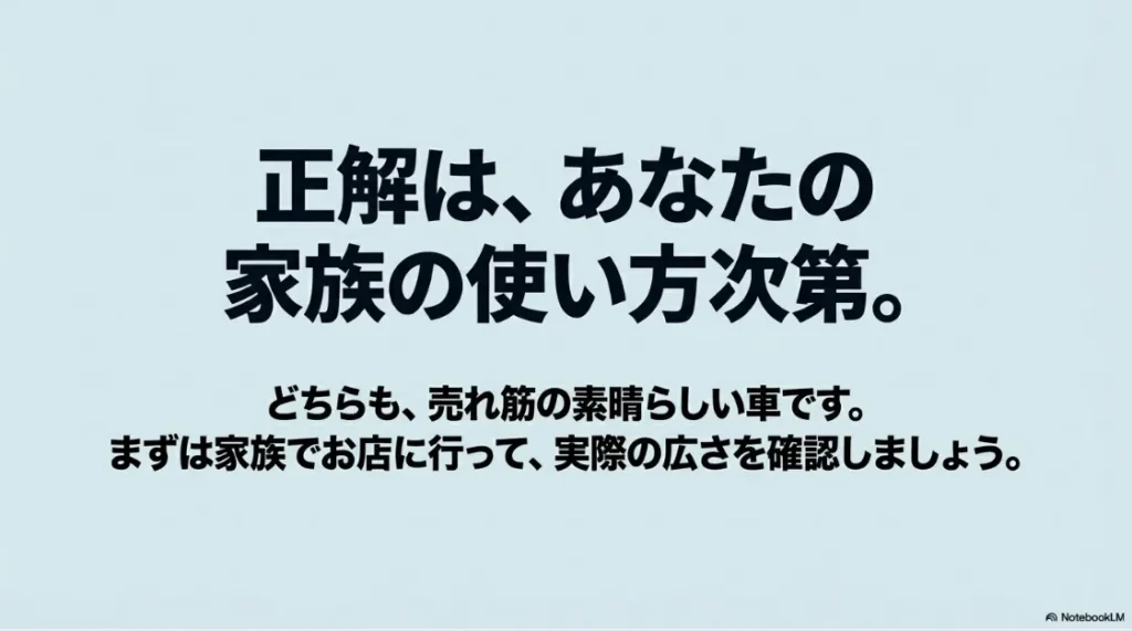 正解は家族の使い方次第であり、実際にお店に行って広さを確認することを推奨するまとめのスライド