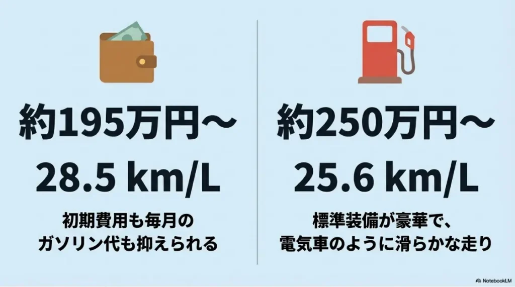 シエンタの安さと低燃費（195万円〜、28.5km/L）と、フリードの質感と走行性能（250万円〜、25.6km/L）を比較した経済性のスライド