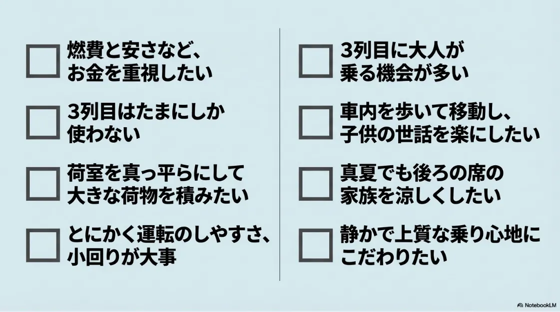 燃費や安さ重視ならシエンタ、3列目の快適性や育児のしやすさ重視ならフリードという選び方のチェックリスト