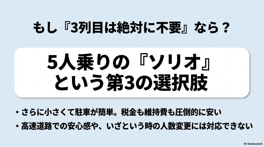 第3の選択肢として、より小さく維持費が安いが3列目がない「ソリオ」の特徴をまとめた比較スライド