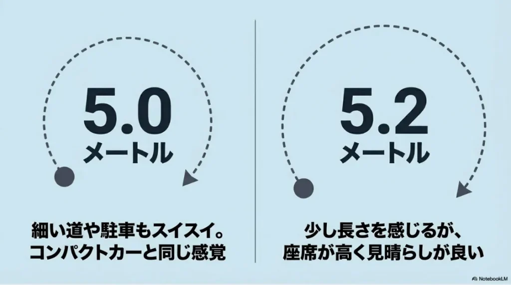 シエンタの最小回転半径5.0mによる小回り性能と、フリードの5.2mながら高い視界による見晴らしの良さを比較したスライド