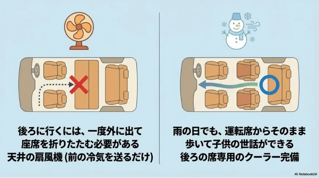 フリードの車内ウォークスルーと後席専用クーラーに対し、