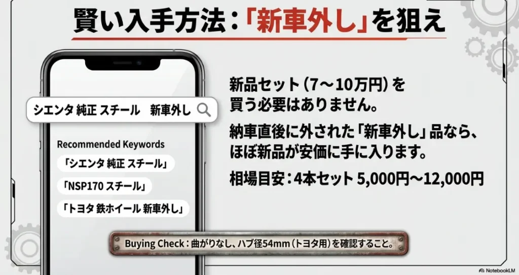 シエンタ純正スチールホイールの新車外し品の相場目安（5,000円〜12,000円）とおすすめ検索ワード。